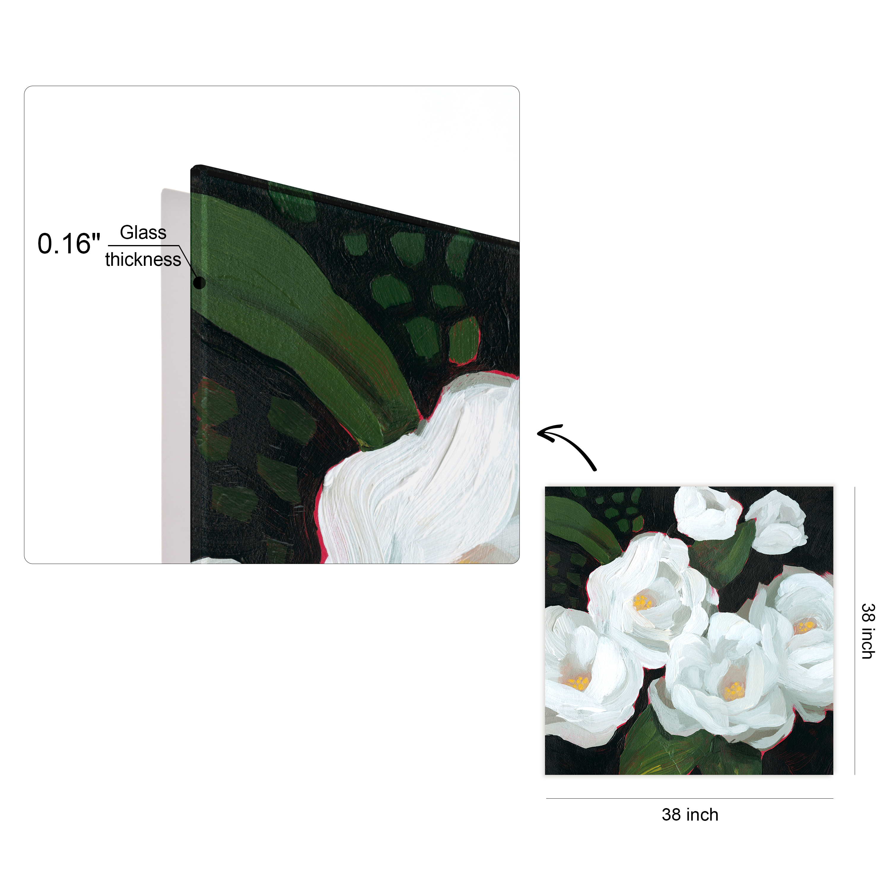 "White Blossom Serenity I" Flower Unframe Free Floating Reverse Printed Tempered Art Glass Wall Art
