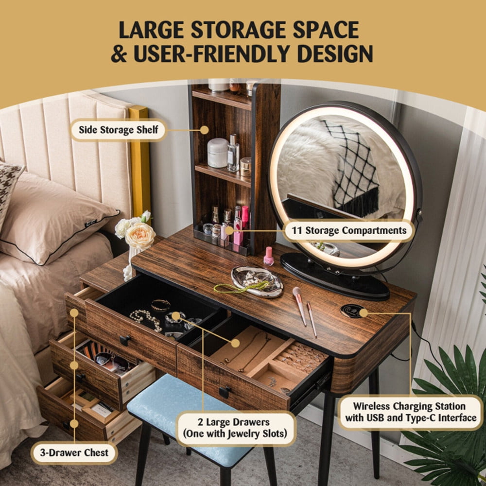 Resenkos Modern Vanity Desk Set with LED Lighted Mirror, 5 Storage Drawers and 3 Display Shelves, Makeup Vanity with Cushioned Stool for Bedroom Brown Resenkos Modern Vanity Desk Set with LED Lighted Mirror, 5 Storage Drawers and 3 Display Shelves, Makeup Vanity with Cushioned Stool for Bedroom Brown