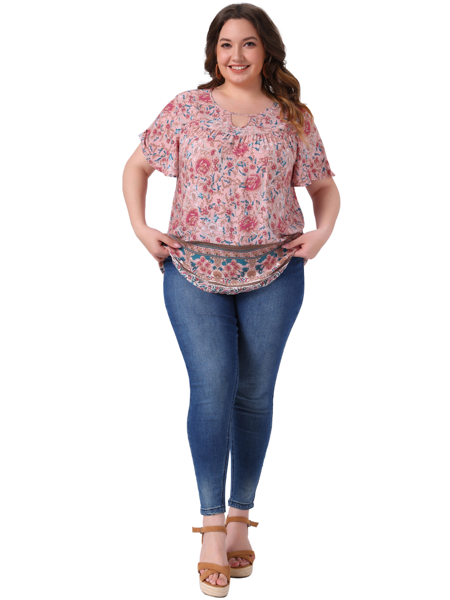 Women's Plus Women's Keyhole Ruffle Short Sleeve Boho Floral Blouse 2X Pink