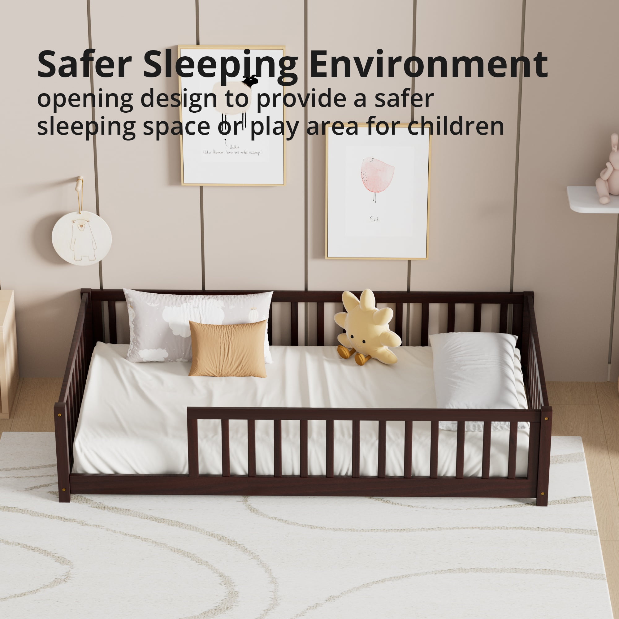 Twin Floor Bed, Wooden Montessori Bed Frame with Fence, Floor Platform Bed with Slats Support, Montessori Floor Bed for Toddlers Boy Girls, Espresso