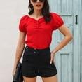 thumbnail image 2 of Women Puff Sleeve Top V Neck Short Sleeve Pleated Front Button Slim Fit Simple Plain Pattern Summer T Shirt Red XL, 2 of 7