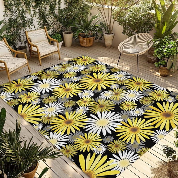Farmhouse Daisy Outdoor Rug for Patio/Deck/Porch, Non-Slip Large Area Rug 4 x 6 Ft, Spring Watercolor Yellow White Floral Indoor Outdoor Rugs Washable Area Rugs, Reversible Camping Rug Carpet Runner