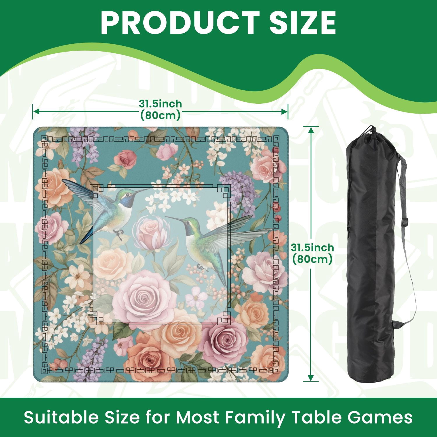 Mahjong Mat 31.5" x 31.5" Colorful Hummingbirds Amid Pink Peach Roses White Blossoms Teal Non-Slip Noise Reduction American Mahjong Tiles Table Cover for Dominoes Poker Card Board Games Gift