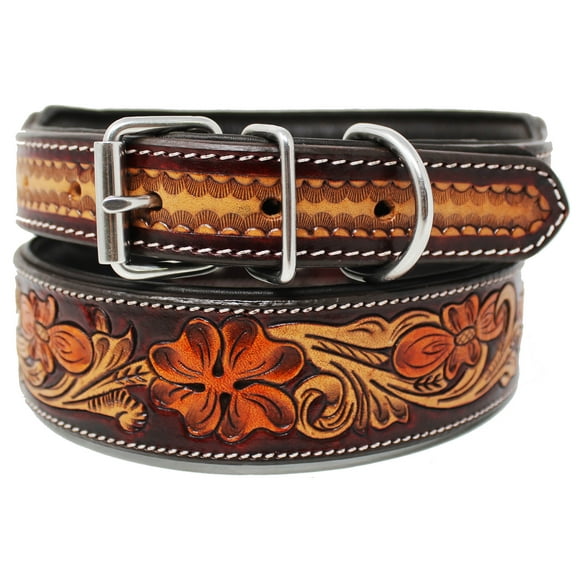 Small 13''- 17'' Padded Leather Dog Collar Heavy Duty Floral Tooled 60FK19