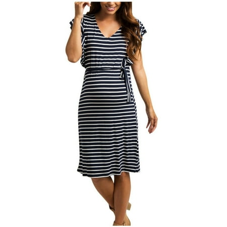 

Women s Pregnant Maternity Ruffle Short Sleeve Striped Print Dress With Belt