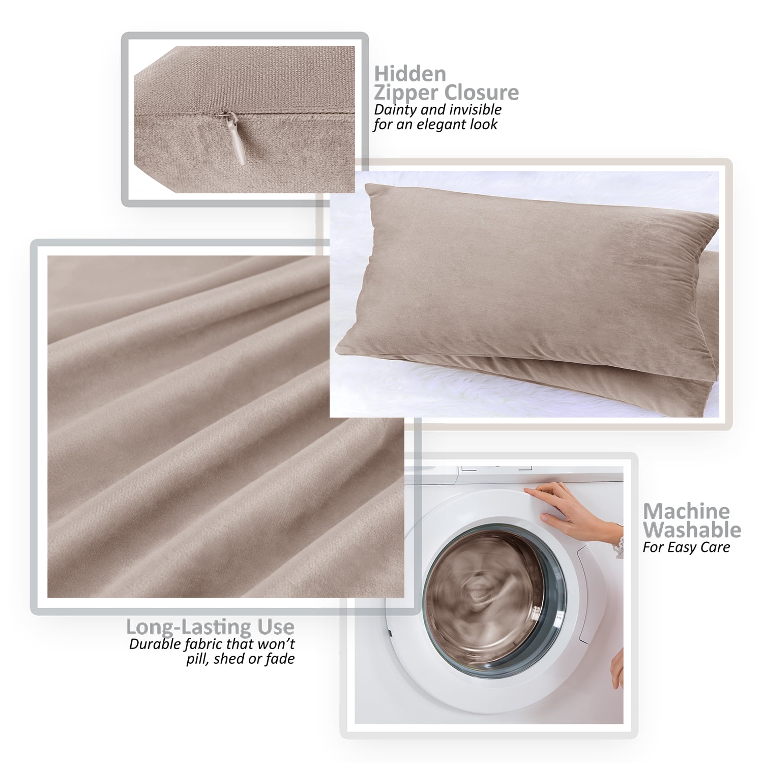 Clara Clark Plush Solid Decorative Microfiber Rectangle Throw Pillow Cover with Throw Pillow Insert for Couch, Taupe, 12"x20", 4 Piece Decorative Soft Throw Pillow Set