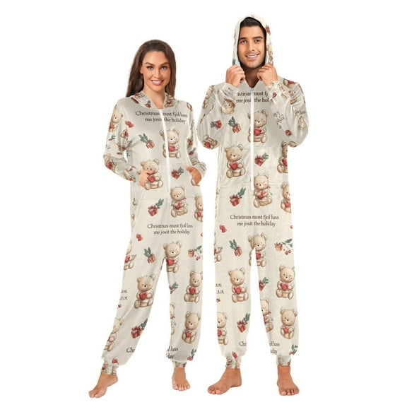 Adult Christmas Onesie Christmas Cute Bear Zipper One-Piece Pajamas Unisex with Pockets