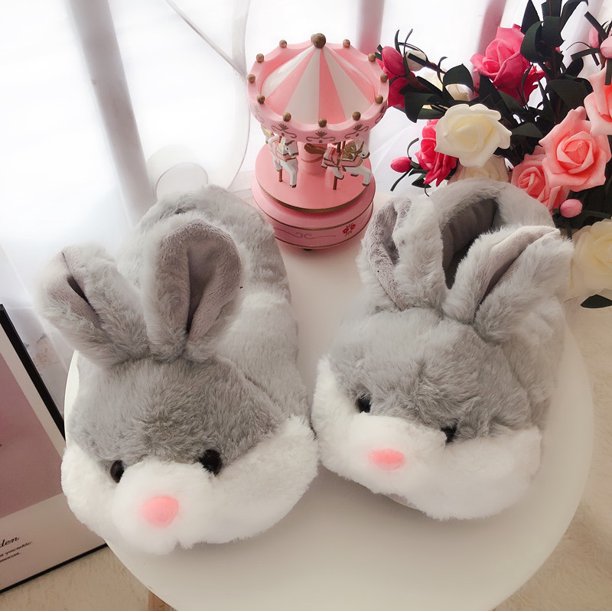 Zapatillas de algodón con dibujos de conejos y lunas para otoño e invierno, para el hogar, para el interior, con bolsa de felpa y suelo de algodón
