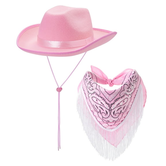 Cowboy Hats for Women 2Piece Set Rhinestone Wide Brim Western Style Furry Cowgirl Hats Fringe Vintage Tassel Bandana Birthday Party Supplies