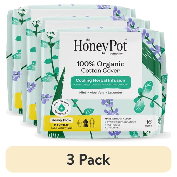 (3 pack) The Honey Pot Company, Herbal Daytime Heavy Flow Pads with wings, Organic Cotton Cover, 16 ct.