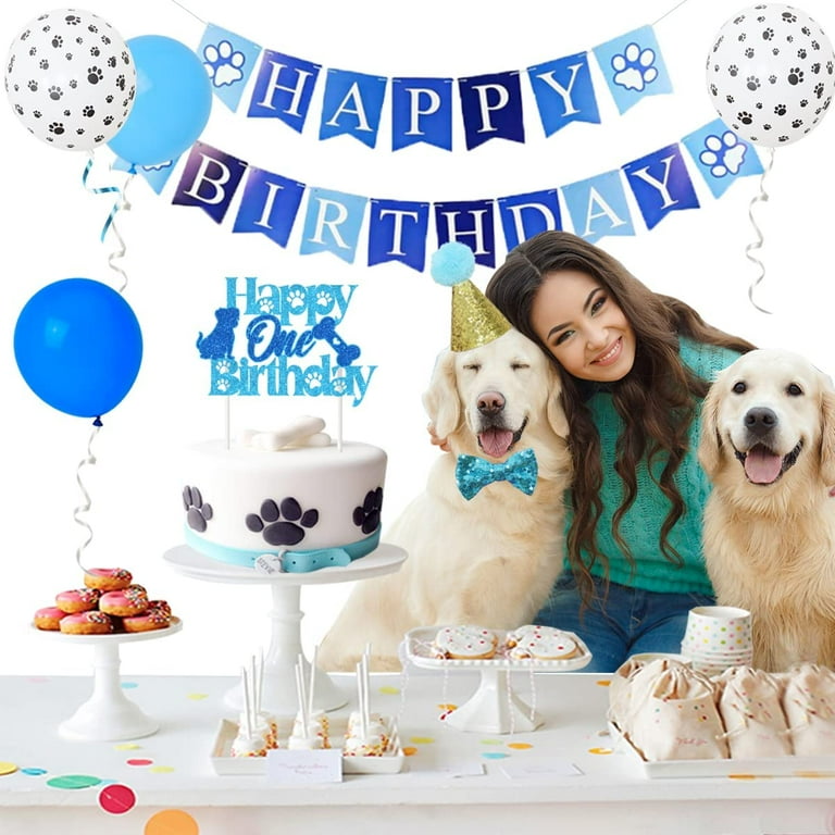 Dog 1st Birthday Party Supplies, Blue White Balloons Dog Happy One