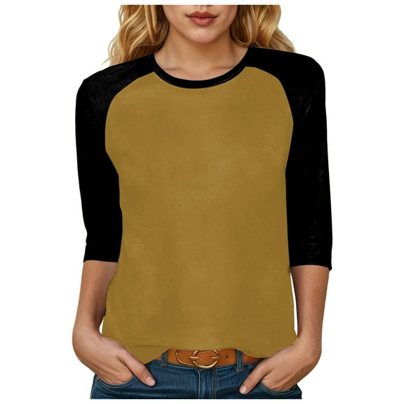 felwors 3/4 Sleeve Tops for Women Workout Shirts Baseball Style Raglan Tshirts Casual Color Block Tees Comfy Steetwear (Gold, S)