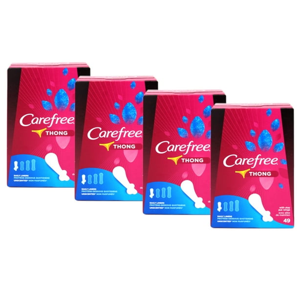 4 Pack Carefree Thong Panty Liners with Wings, Regular, Unscented, 49