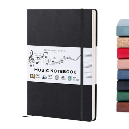 Beechmore Books Blank Sheet Music Notebook – A4 8.5x11.5" for Songwriters, Musicians & Composers, 156 Thick 120gsm Pages, 10-Staff Perforated Sheets, Vegan Leather Hardcover, Elastic Closure, Gift Bo