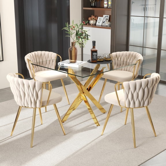 KATBOC 5-Piece Glass Dining Table Set with Velvet Chairs, 36in Square Tempered Glass Top & Chrome Metal Legs, Space Saving for Small Kitchen Apartment, Gold & Beige