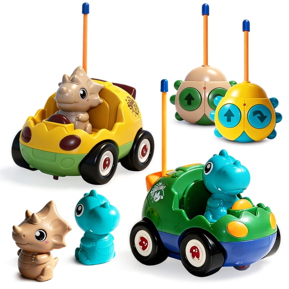 HYPERLIVING 2-Pack Remote Control Dinosaur Car Toys for Toddler Ages 18 Months, 2 3 4 5 Year Old, Dino RC Vehicle with LED Lights, Music, Christmas Birthday Gift for Boys & Girls
