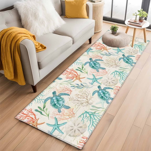 Teal Red Coastal 2'x6' Runner Rugs for Hallway Kitchen Bedside Non Slip Washable, Retro Beach Nautical Sea Turtle Coral Entryway Rug Runners with Rubber Backing, Long Carpet Runner for Laundry Room