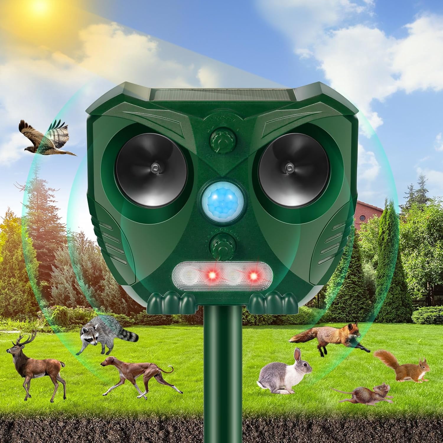 KingFurt 2PCS  Ultrasonic Animal Repellent, Waterproof Cat Deterrent Outdoor with Motion Detection & LED Flash Light for Yard