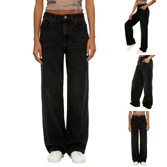 Tqyyweavej Black Jeans for Women Wide Leg Stretch Baggy Jeans Trousers Straight Leg Solid Color Pants with Pockets Size S to L