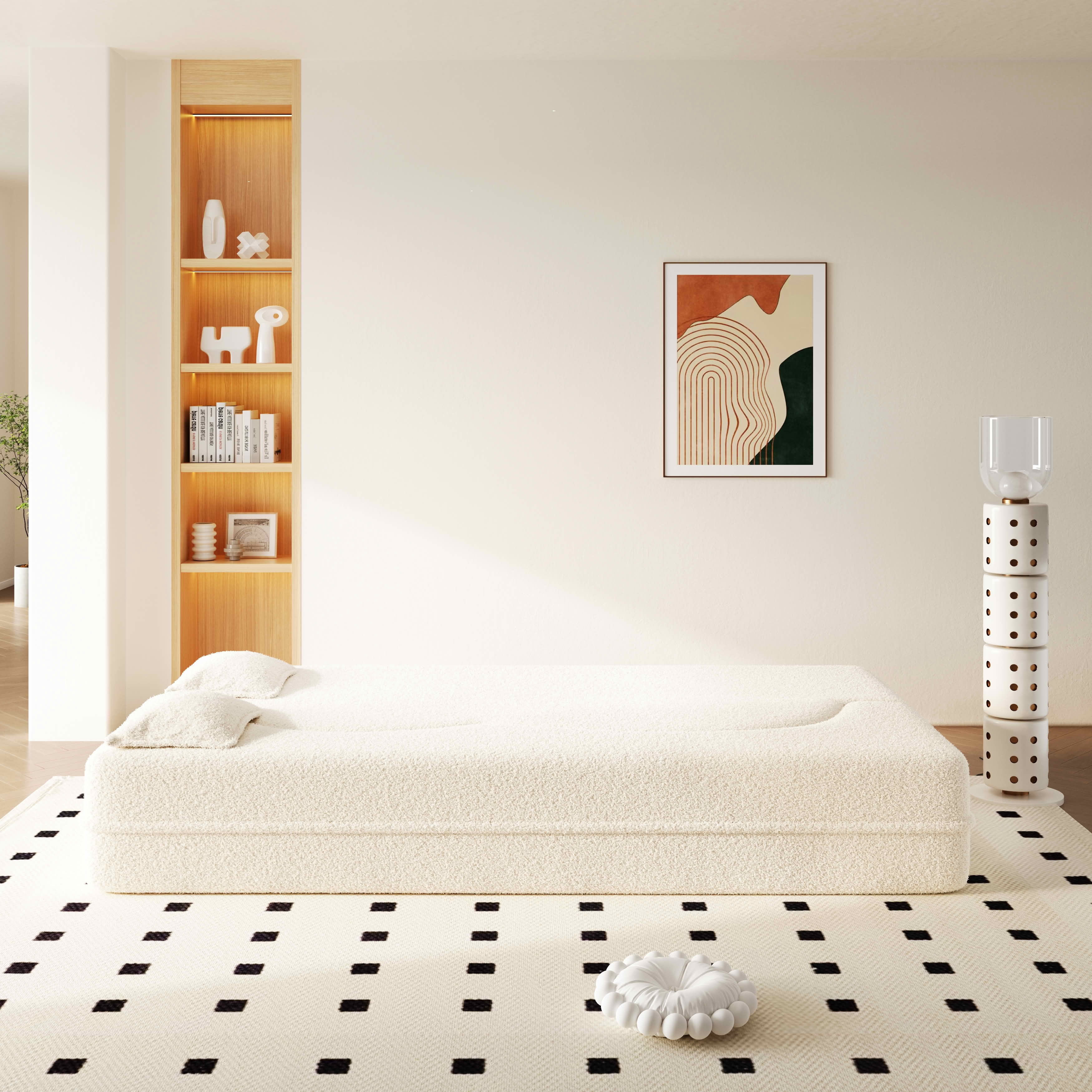 MAYEERTY Twin Sherpa Fleece Foldable Foam Floor Sofa Bed, Zero Assembly Vacuum Compressed Sleeper with 2 Pillows