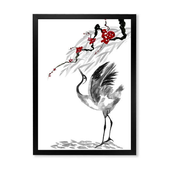 Designart 'Red Flowers With Japanese Cranes Bird Drawing' Traditional Framed Art Print