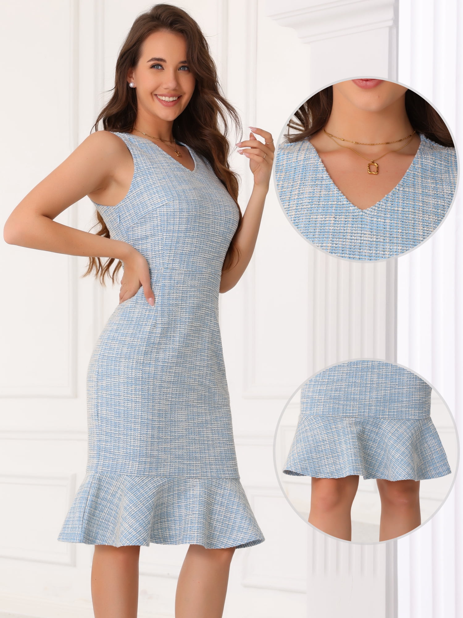 DARING DIVA Sleeveless V Neck Ruffles Bodycon Plaid Dress S White Blue