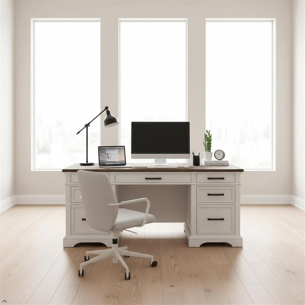 Ashford & Sons Home Office 66" Wood Executive Desk in White/Oak