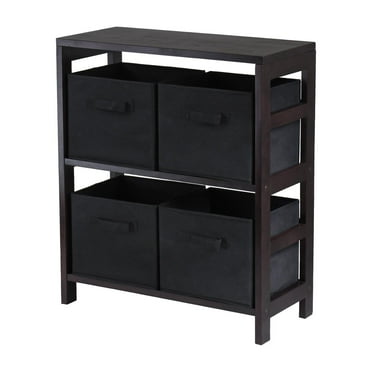 Winsome Wood Capri 5-Pc Storage Set, 2-Section Shelf & 4 Foldable Black Fabric Baskets, Espresso Finish