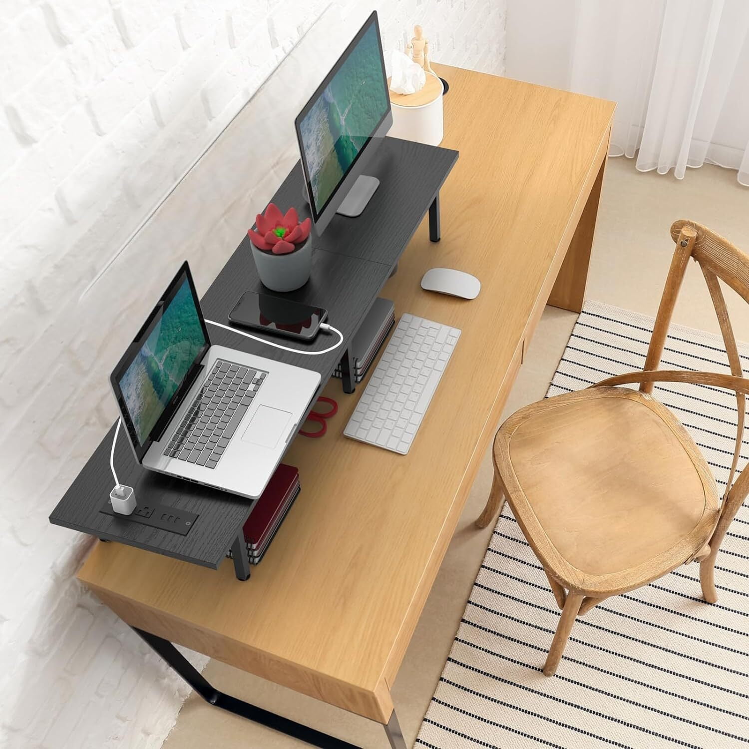 Dual Monitor Stand Riser, 37.5" Desktop Organizer for 2 Monitors Wood & Steel TV/Laptop/Printer Holder with Integrated USB Ports Black