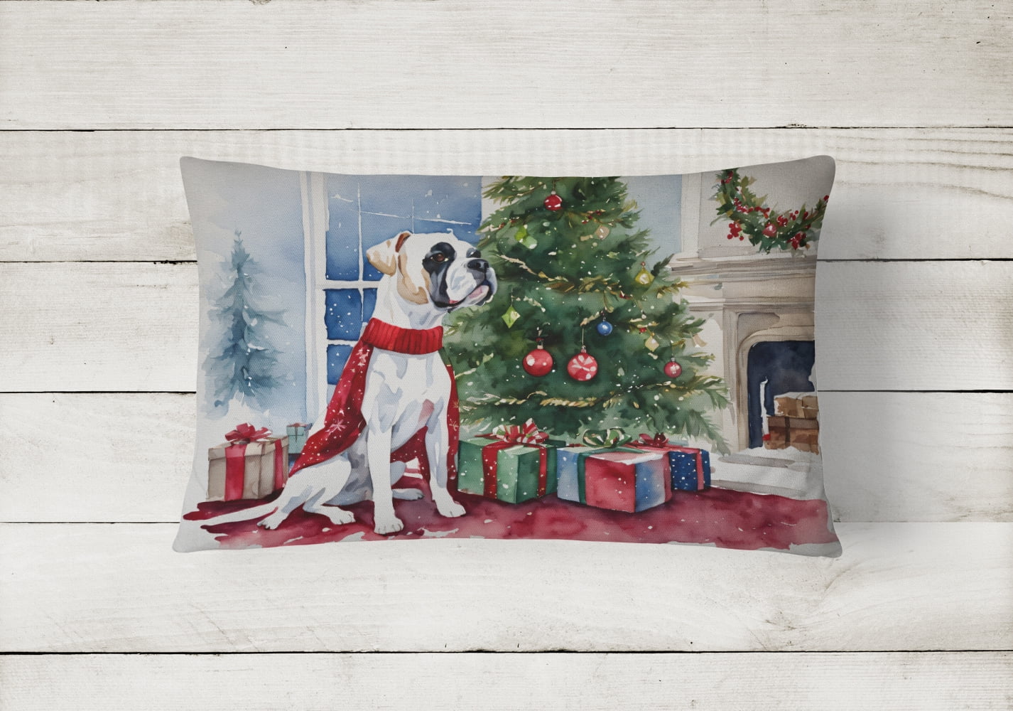 Carolines Treasures DAC1282PW1216 16 x 12 in. Unisex White Boxer Christmas Fabric Decorative Pillow