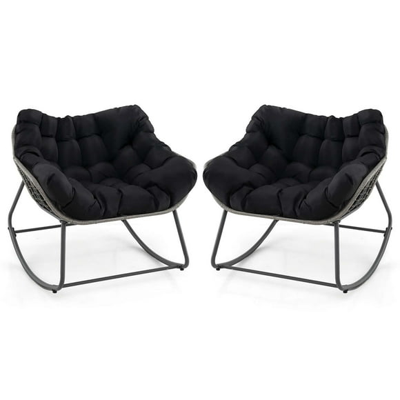 Costway 2 PCS Outdoor Rocking Chair Oversized Patio PE Wicker Egg Chair Rattan Lounge Chair Black
