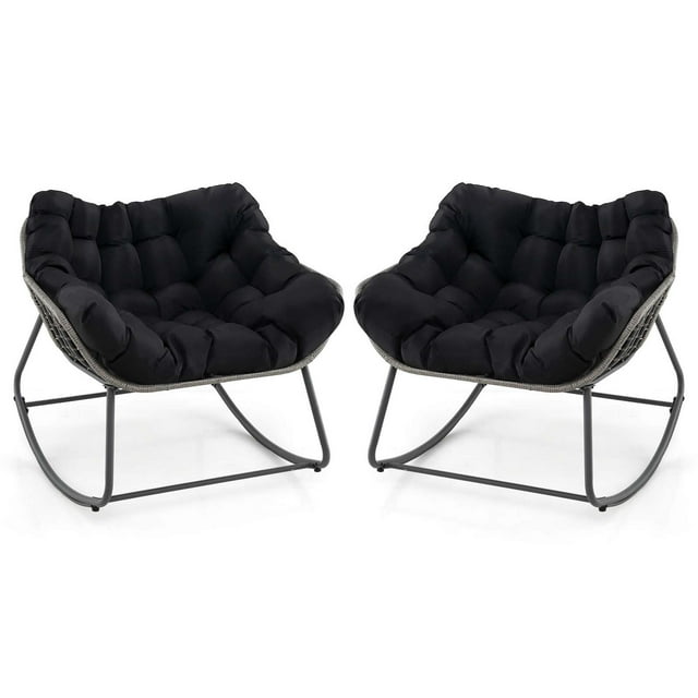 Costway 2 PCS Outdoor Rocking Chair Oversized Patio PE Wicker Egg Chair Rattan Lounge Chair Black