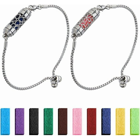 2Pcs Essential Oil Diffuser Bracelet Aromatherapy Adjustable Column Bracelet with 20PCS Felt Pads Stainless Steel Essential Oil Jewelry Gift for Mother's Day Christmas Birthday