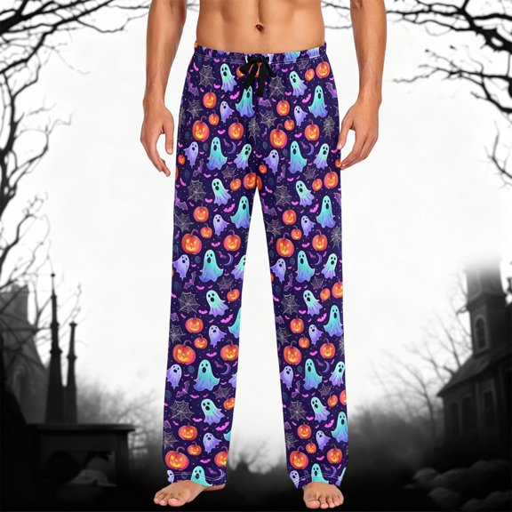 FASHOFT Halloween Pajama Pants for Men Wide Leg Soft Pumpkin Print Pj Bottoms with Pockets Drawstring Sleep Lounge Pant Purple L