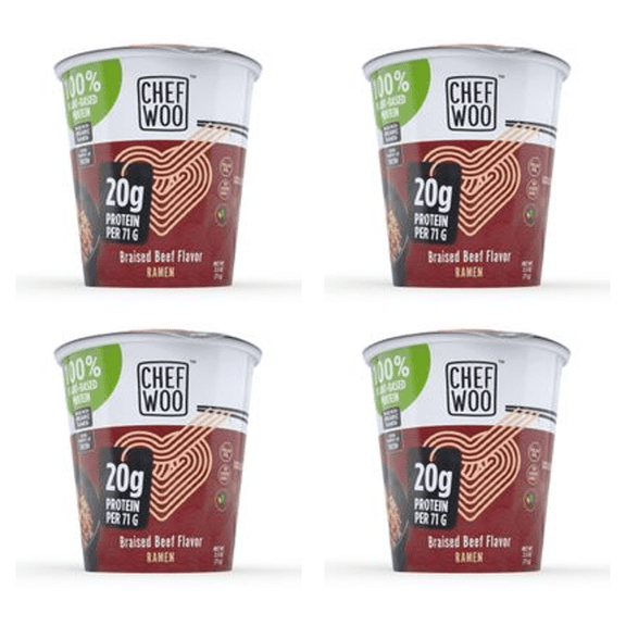 Chef Woo Braised Beef Ramen Cup Noodle 20g Protein 2.5 oz (Pack of 4)