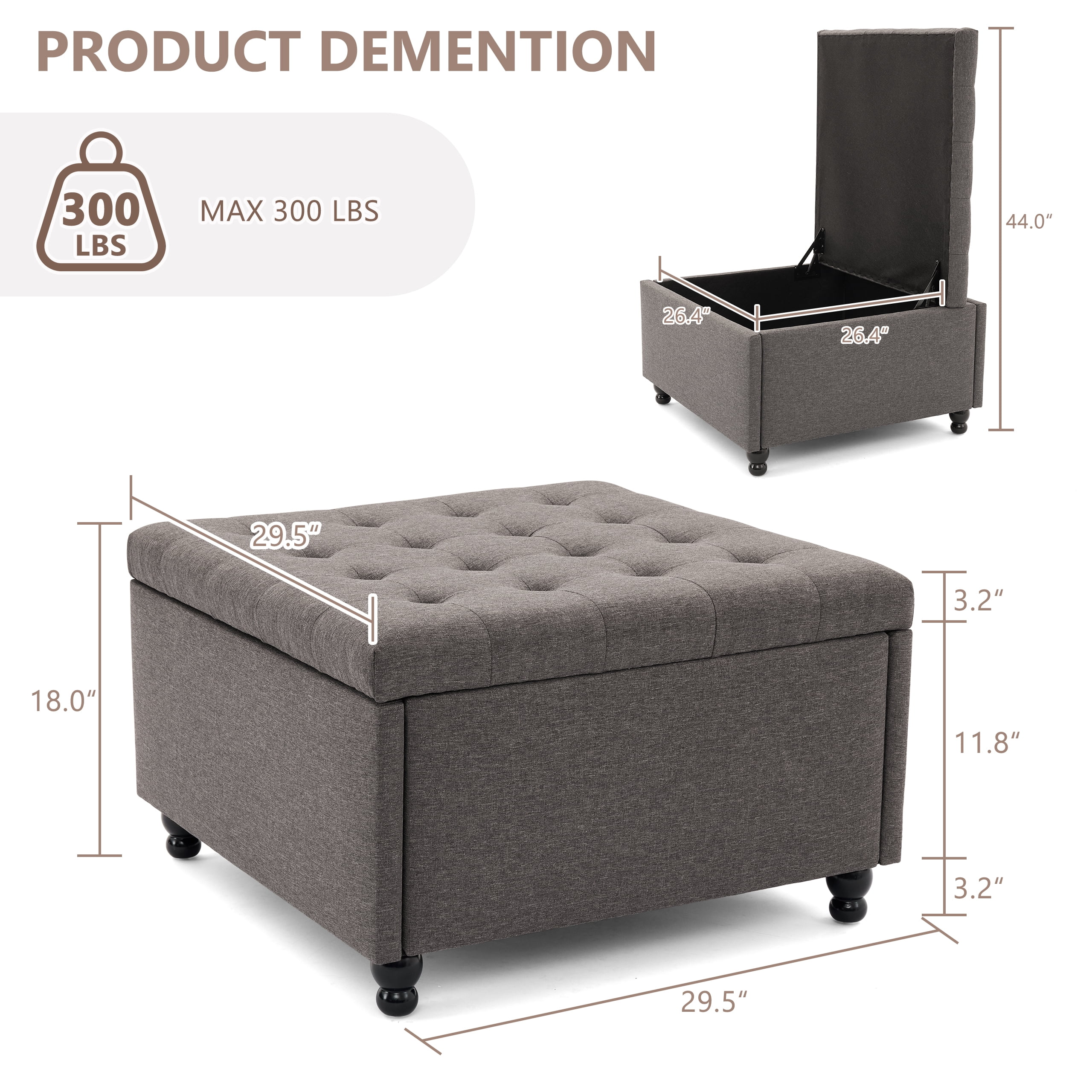 Weture 29.5-Inch Large Square Tufted Upholstered Storage Ottoman Coffee Table, Dark Grey