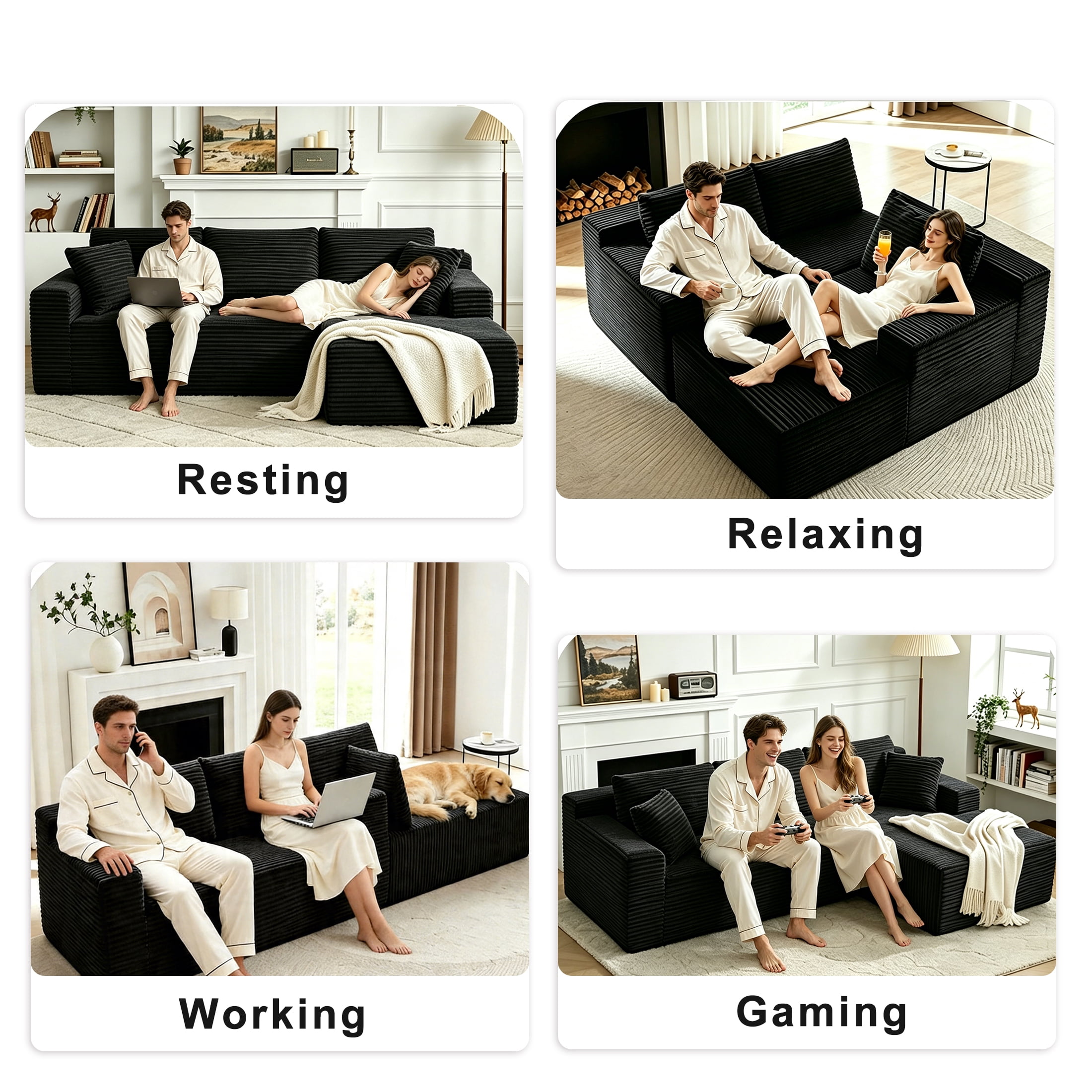 Xiweot 103" Cloud Sectional Couch for Living Room, Memory Foam Sectional Sofa with Deep Seat, Corduroy L Shaped Modular Sectional Couch with Right Facing Chaise, Black