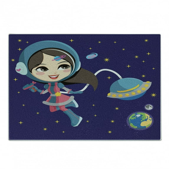 Retro Cutting Board, Little Girl Exploring Space with Cosmic Fashion Galactic Adventure Cartoon, Decorative Tempered Glass Cutting and Serving Board, Small Size, Multicolor, by Ambesonne