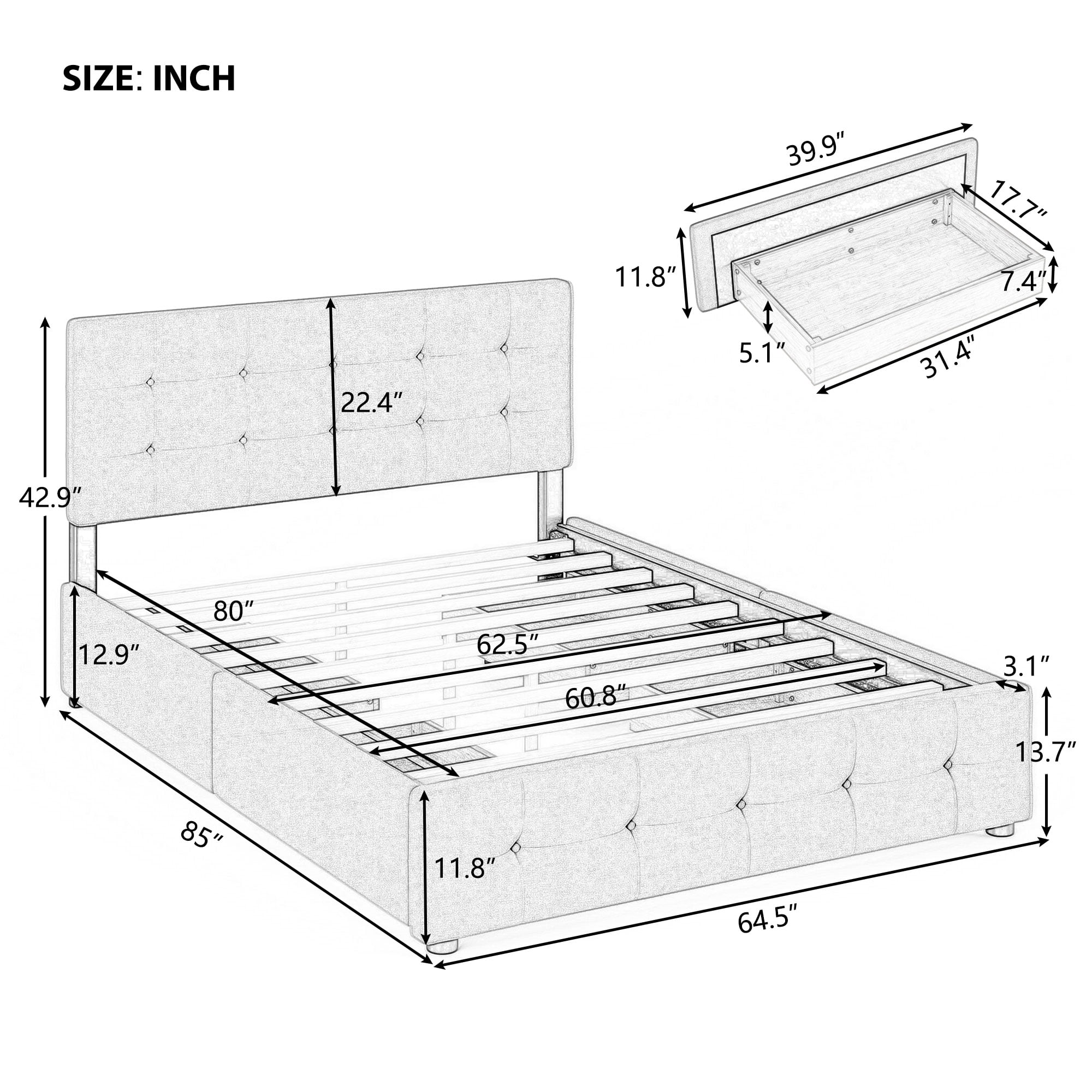 PAPROOS Queen Storage Bed Frame with 4 Drawers, Upholstered Platform Bed with Tufted Button Headboard, No Box Spring Needed, Heavy Duty Queen Size Bed Frame for Adults, Holds 500lbs, Light Gray