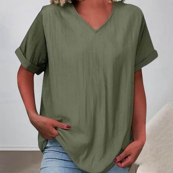 YMNXA Women's T Shirt Short Sleeve V Neck Solid Color Comfortable Breathable Loose Fit Tee Top For Casual Daily Wear,Army Green,L