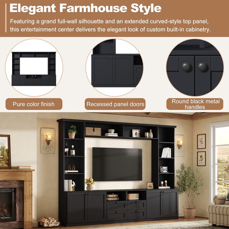 Farmhouse Entertainment Center Wall Unit with Drawers & Adjustable Shelves, TV Stand Media Console with Bridge for TVs Up to 70"