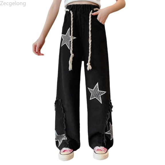Zecgelong Girls Jeans Elastic Waist Wide Leg Pants Kids Jeans 6 16 Years Girls Jeans Size Black 6-7 Years