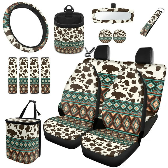 Jeiento Southwest Aztec 15 Pack Car Accessories Set Auto Seat Protector Steering Wheel Cover Seatbelt Strap Pad Trash Can Mount Storage Pocket Cow Print Coasters Rearview Mirror Cover Keychain
