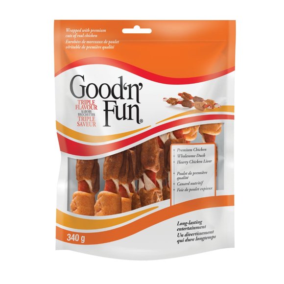 Good'N'Fun Triple Flavour Kabobs, 340 Grams, Delicious Chew Treats With Rawhide, Pork Hide, Real Chicken, Chicken Liver And Duck Long-Lasting Snack For All Dogs