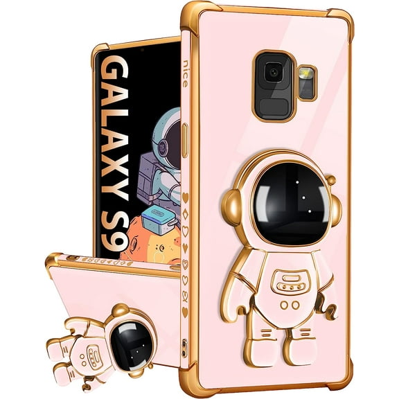 For Samsung Galaxy S9 Case with Astronaut Stand, Women Girls Galaxy S9 Cases, Girly Cute 6D Outer Space Heart Pattern Phone Cover for Samsung S9 5.8 Inch Pink
