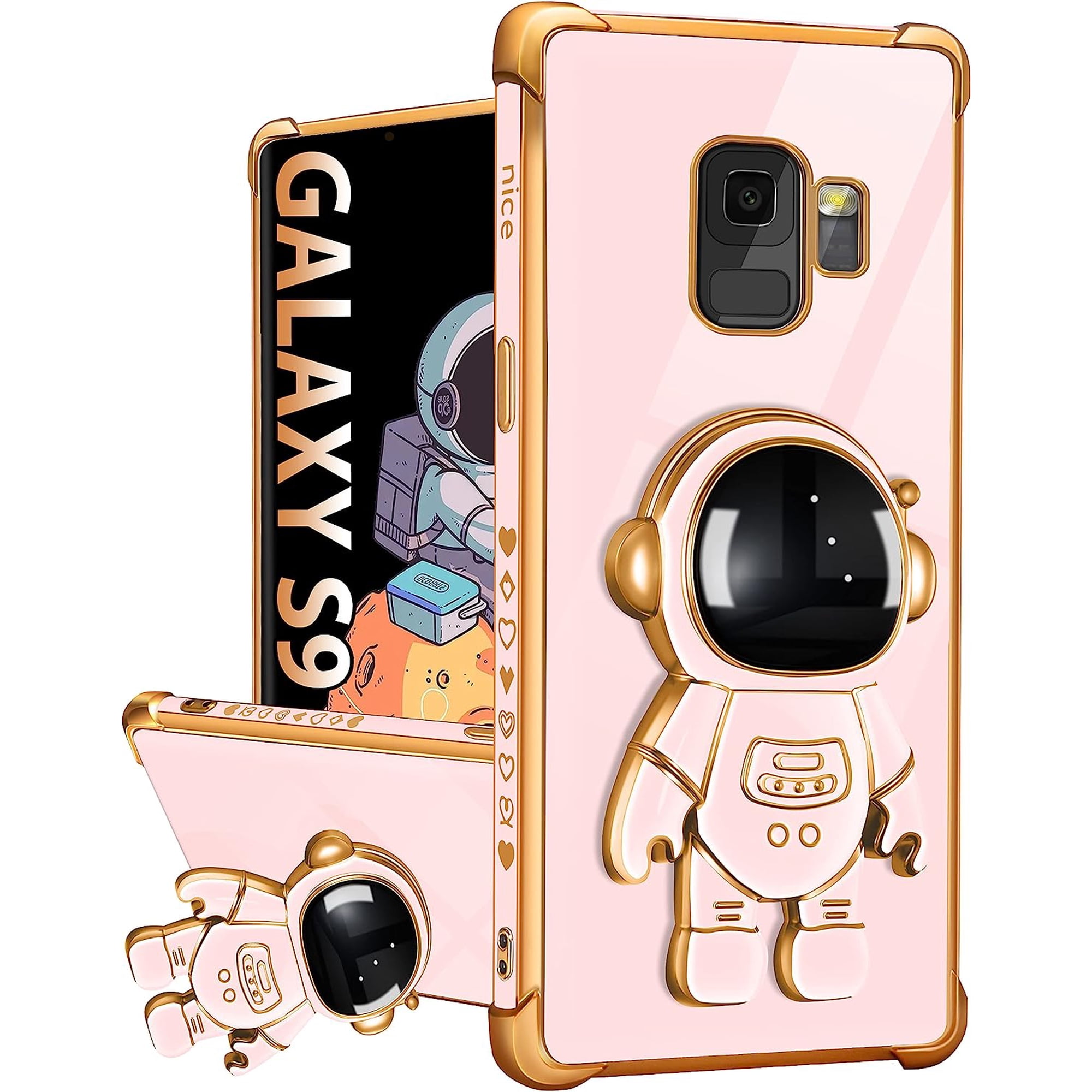 For Samsung Galaxy S9 Case with Astronaut Stand, Women Girls Galaxy S9 Cases, Girly Cute 6D Outer Space Heart Pattern Phone Cover for Samsung S9 5.8 Inch Pink