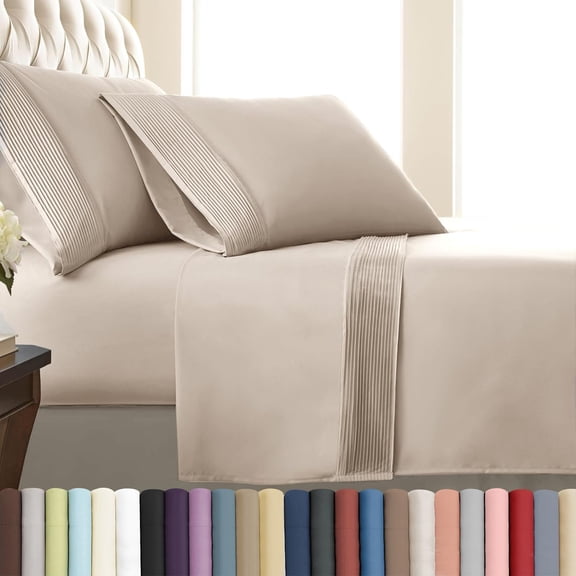 Southshore Fine Linens Vilano Pleats Split King Extra Deep Pocket Sheet Set, 21-Inch Deep Pocket Bed Sheets with Flat Sheet and Pillowcases, Extra Soft Brushed Microfiber, Bone