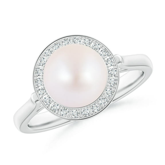 ANGARA Japanese Akoya Cultured Pearl Ring with Pave Diamond Halo in 14K White Gold for Women | June Birthstone, Birthday, Anniversary, Jewelry Gift for Women | Natural Pearl Ring