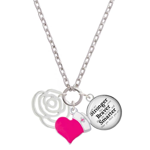 Delight Jewelry Silvertone Large Rose Outline - Hot Pink Heart Nurse Strong Zoe Necklace