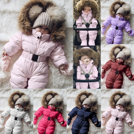 

Baby Girls Snowsuit Warm Outerwear Romper Hooded Jumpsuit Solid Jacket